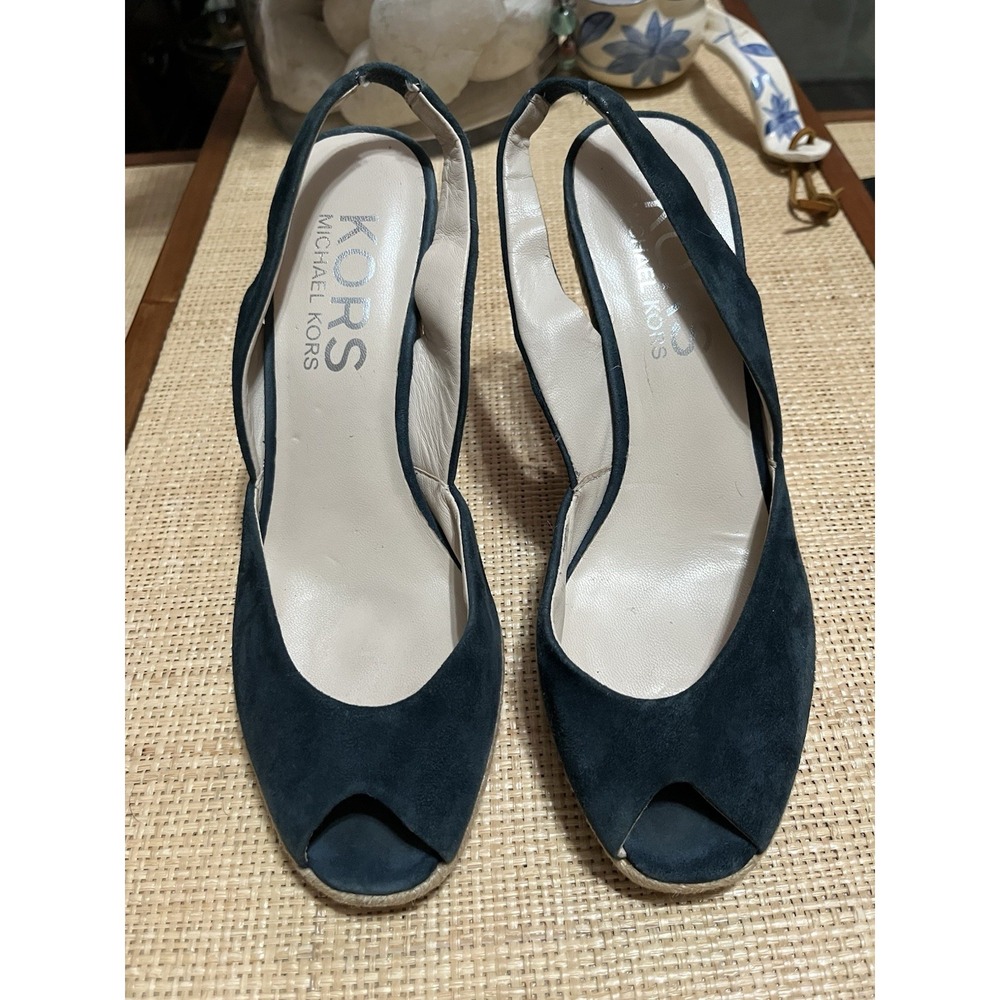 Michael Kors‎ Blue Suede Leather 7.5 Peep Toe Sling Back Wedge Espadrille Heels